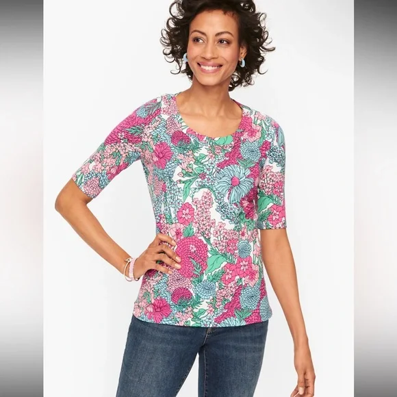 Talbots COTTON SCOOP NECK TEE shirt - BREEZY FLORAL great for spring size Large - Picture 1 of 5